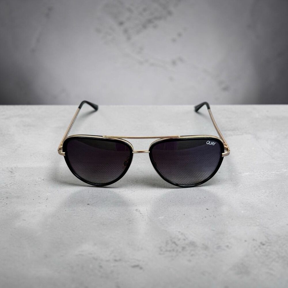 Quay Australia All In Aviator Sunglasses Black Gold Frame Gradient Lens